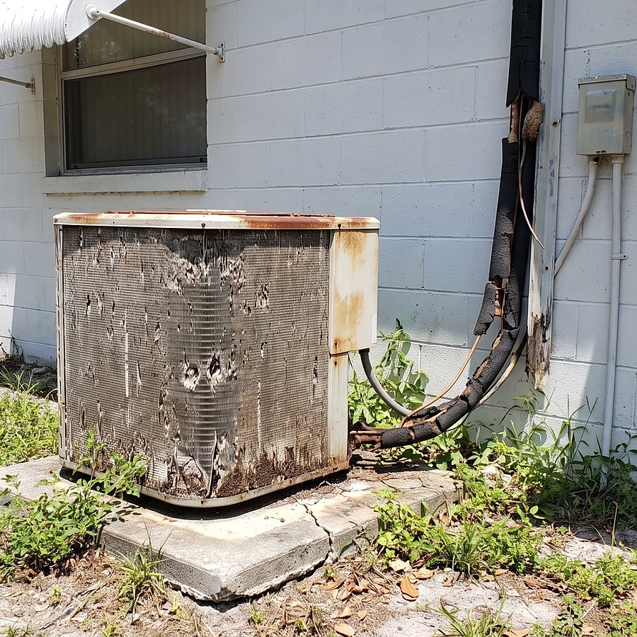 An old, corroded outdoor condenser against a block wall before replacement