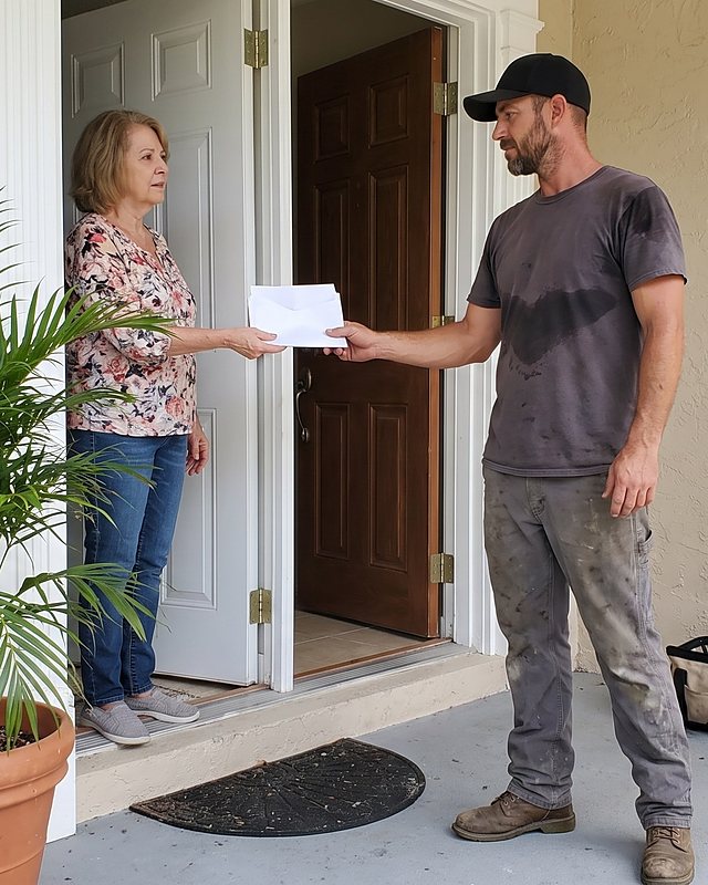 A technician hands a white envelope to a homeowner at her open front door beside a potted palm