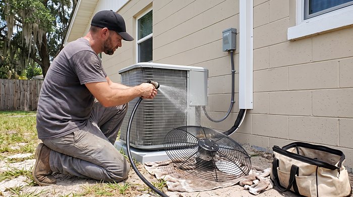 A technician rinses a condenser coil with a hose during a maintenance visit