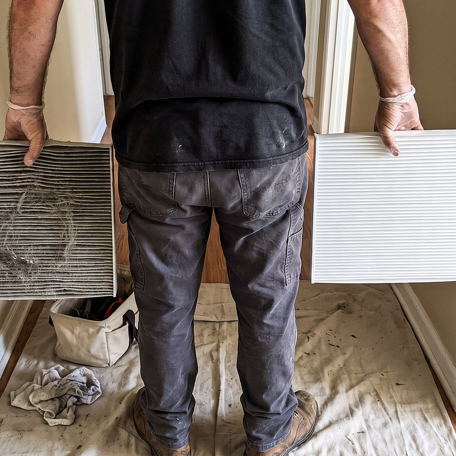 A dirty air filter next to a clean replacement filter
