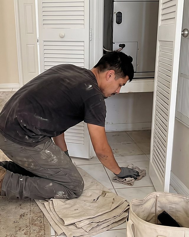 A technician kneels on a drop cloth and wipes the floor in front of an open louvered closet with an air handler