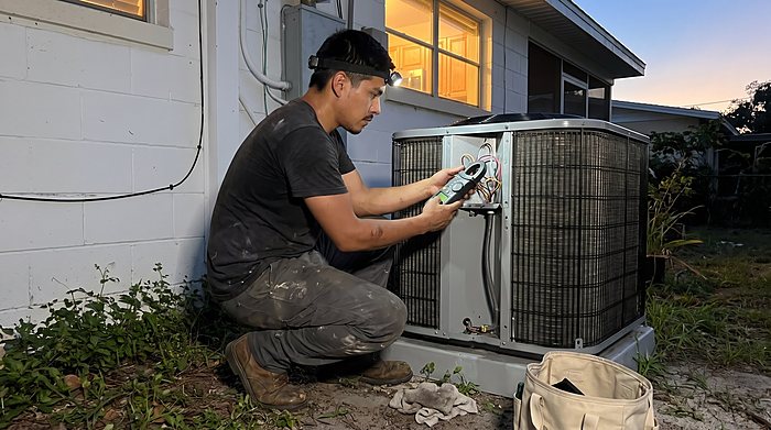 A technician works on an outdoor AC unit at dusk beside a Florida home