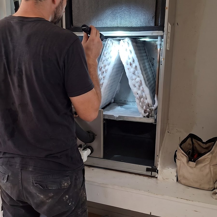 A technician shines a light into the air handler cabinet in a hallway closet