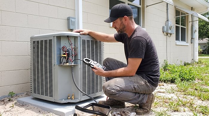 A technician checks the wiring inside an outdoor condenser with a meter