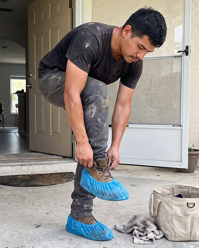 A technician balances on one foot to pull a blue shoe cover over his boot at the open front door of a home