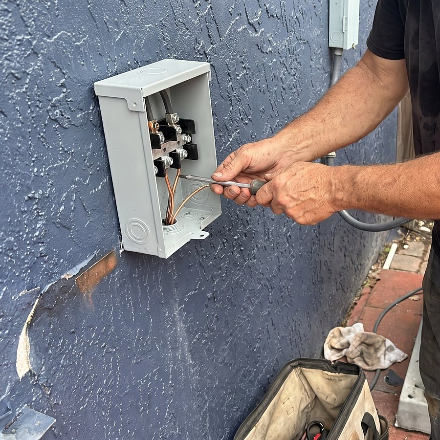A technician wires an outdoor disconnect box on a stucco wall