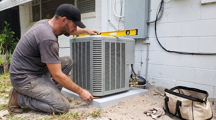 A technician checks a level on top of a new condenser set on a fresh pad beside a block home