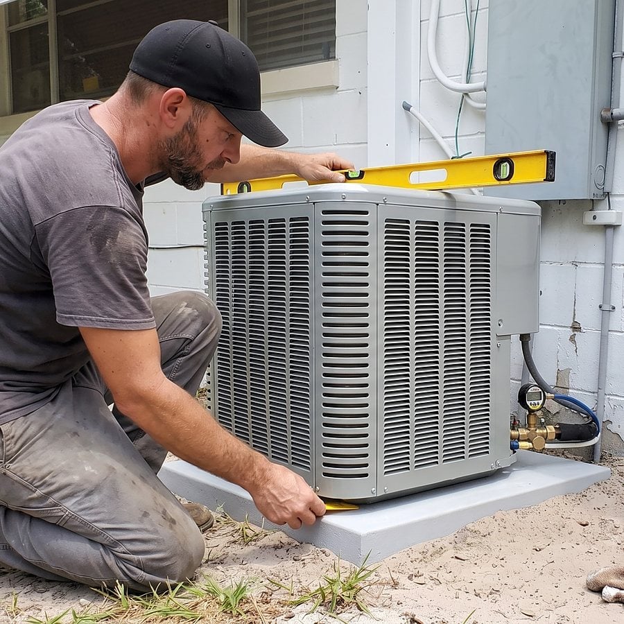A technician checks a level on top of a new condenser set on a fresh pad beside a block home