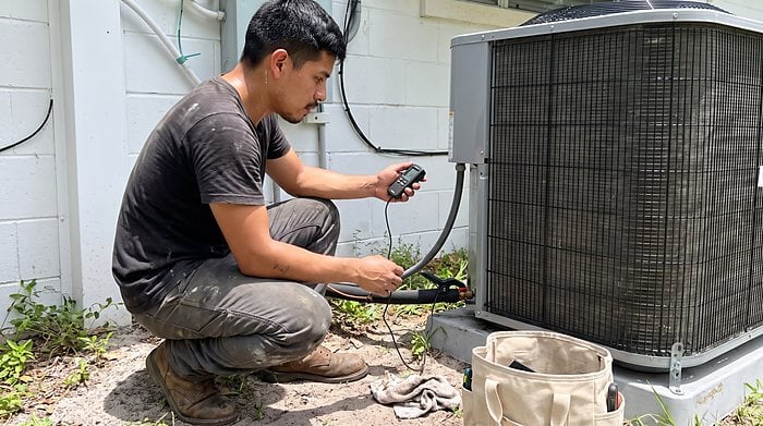 A crouching technician reads a digital thermometer clamped to the insulated line of an outdoor unit in the sun