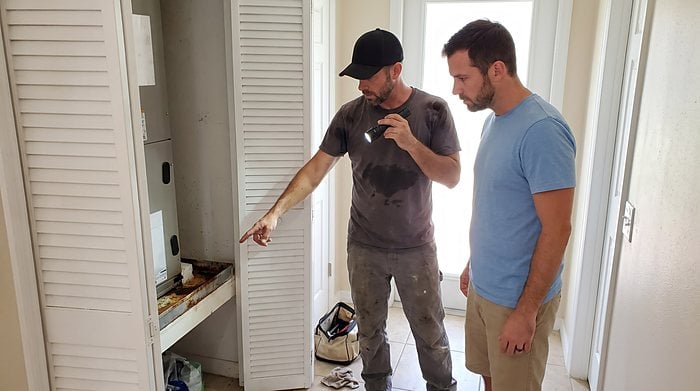 A technician talks a homeowner through the work at an open closet air handler