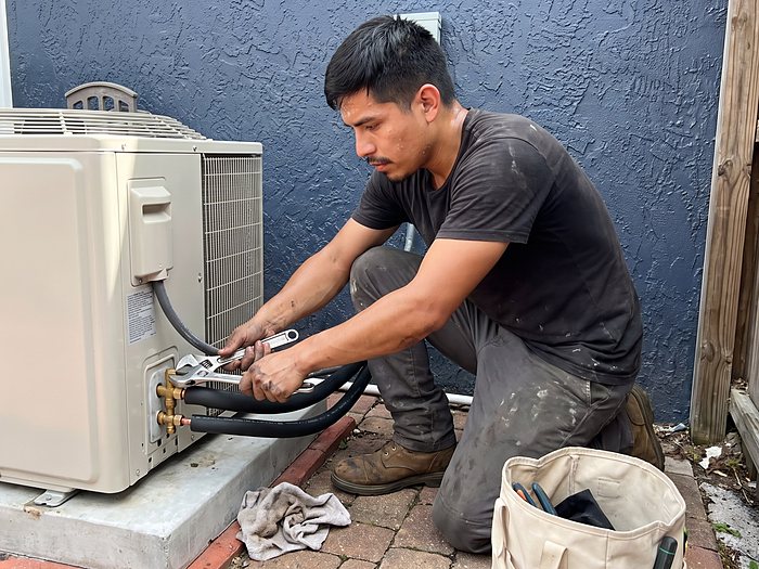 A technician kneels at a mini-split outdoor unit and tightens the line set connections with two wrenches