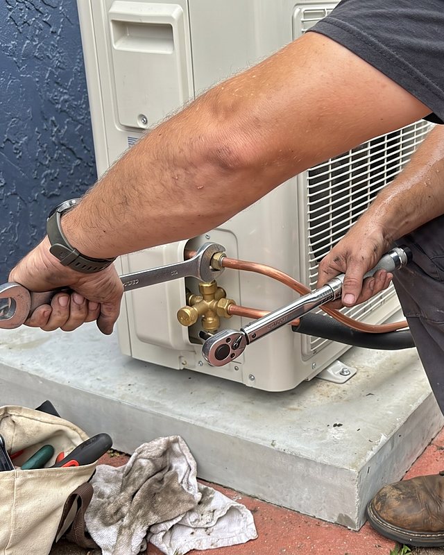 A kneeling technician tightens the copper line set fittings on a mini-split outdoor unit with two wrenches