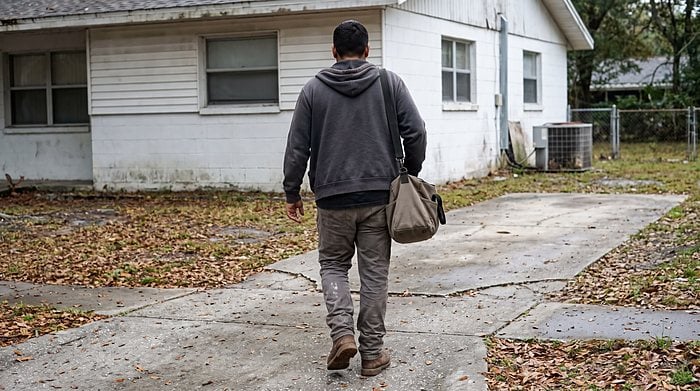 A technician carries a tool bag toward the back door of a Florida home