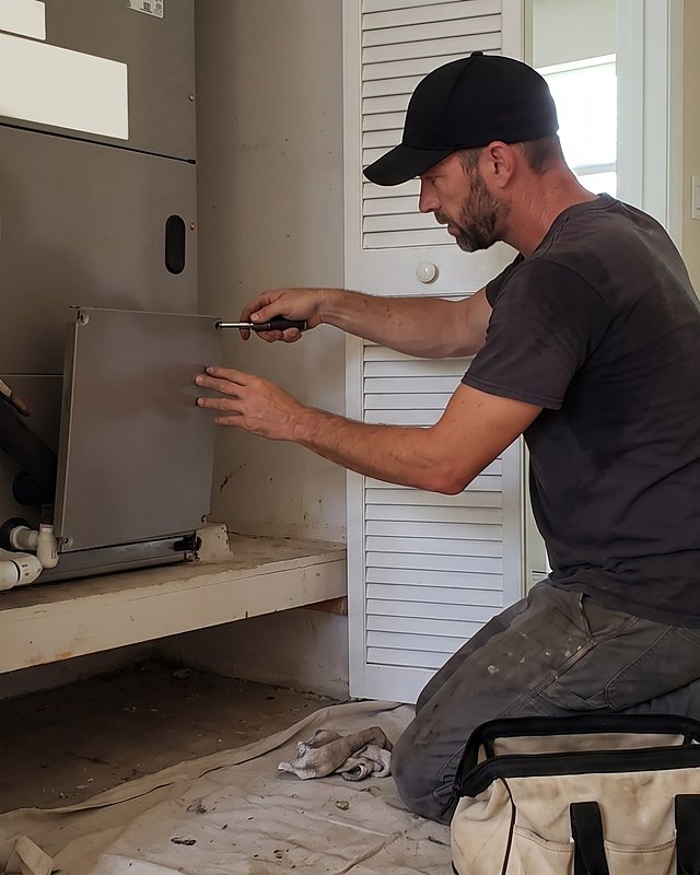 A technician in a black cap kneels at a hallway closet and screws the front panel back onto an air handler