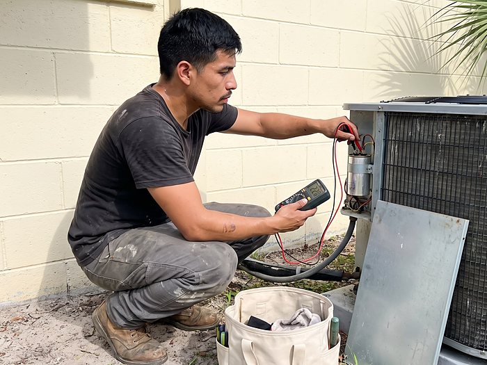 A technician crouches at a condenser with its panel off and tests the run capacitor with a multimeter