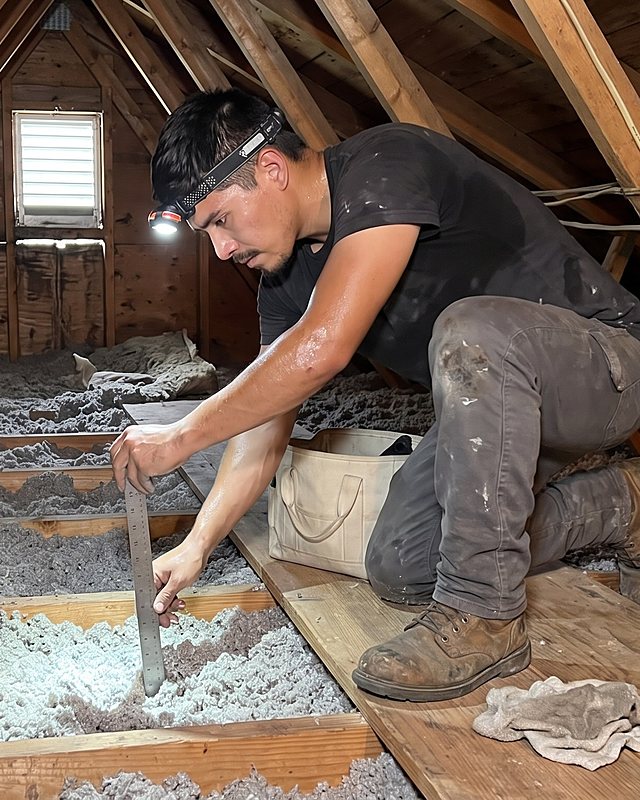 A technician wearing a headlamp kneels on an attic plank and measures blown-in insulation depth with a ruler