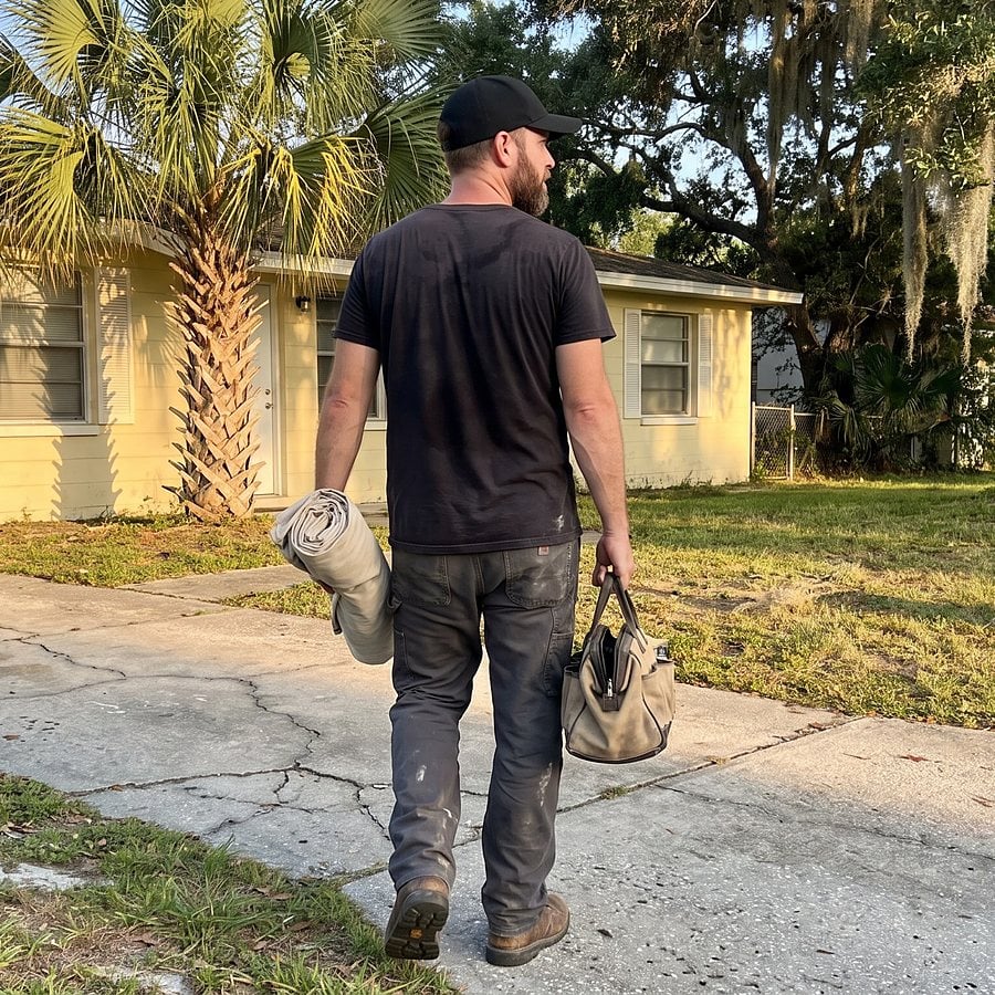 A technician walks past a pale yellow block home with a palm, carrying a rolled drop cloth and a tool bag