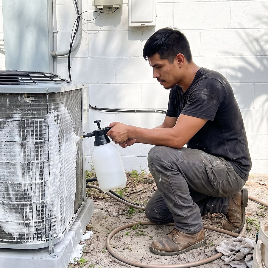A technician sprays foaming cleaner onto a condenser coil beside a white block wall with palm shadows