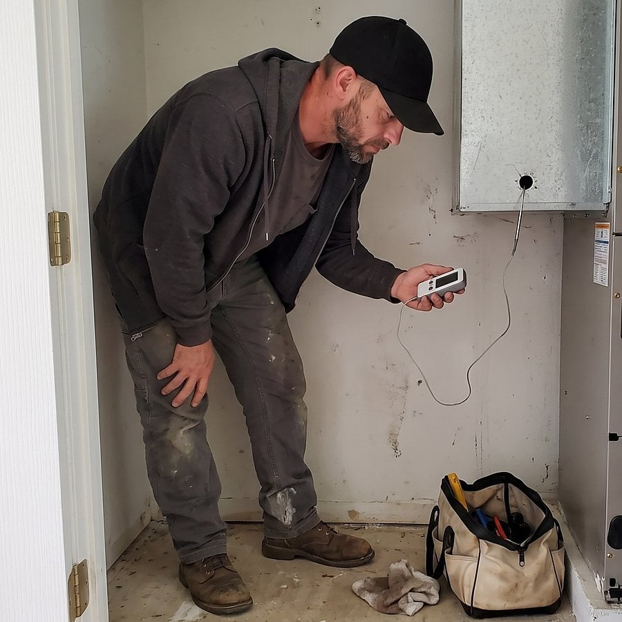 A technician reads a digital thermometer wired to a probe in the supply plenum above a closet air handler
