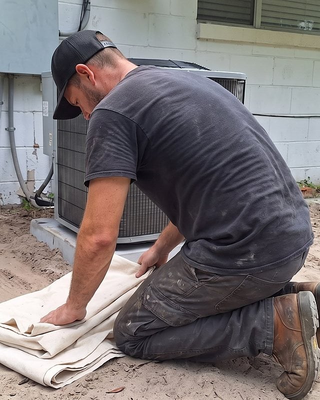 A technician kneels on raked sand folding a canvas drop cloth beside a new outdoor unit and a push broom
