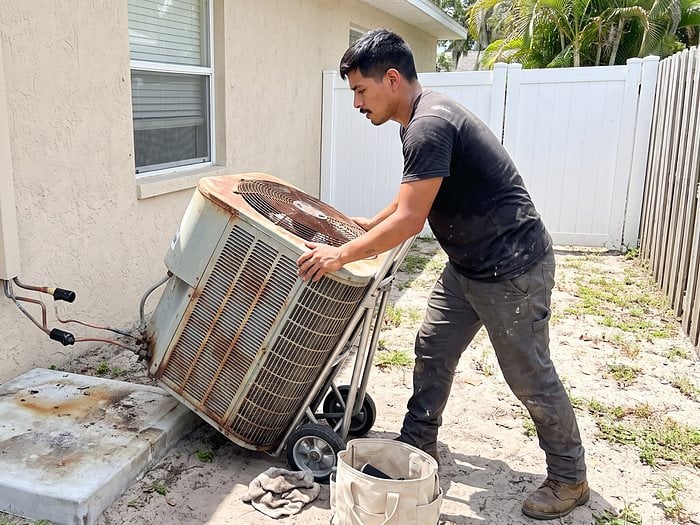 A technician tilts a rusted old condenser onto a hand truck beside its stained pad and a tan stucco wall