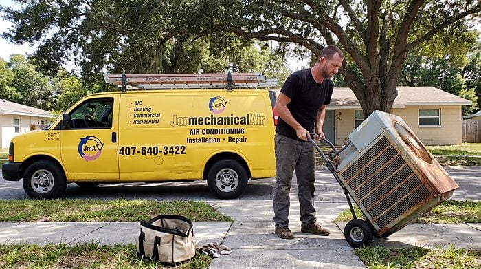 A technician wheels a rusted old condenser on a hand truck past the yellow Jormechanical Air van